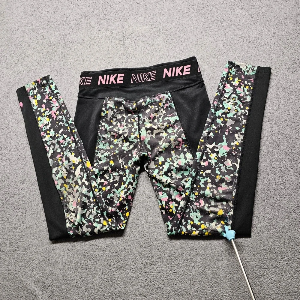 Nike Pro Girls Dri-FIT Splatter Print Leggings Black Multi Color Size L Gymwear